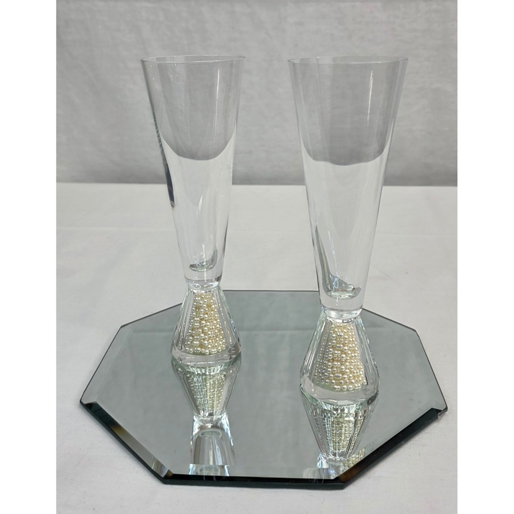 Pair of Faux Pearl Filled Base Champagne Flutes Wedding Toasting Glasses